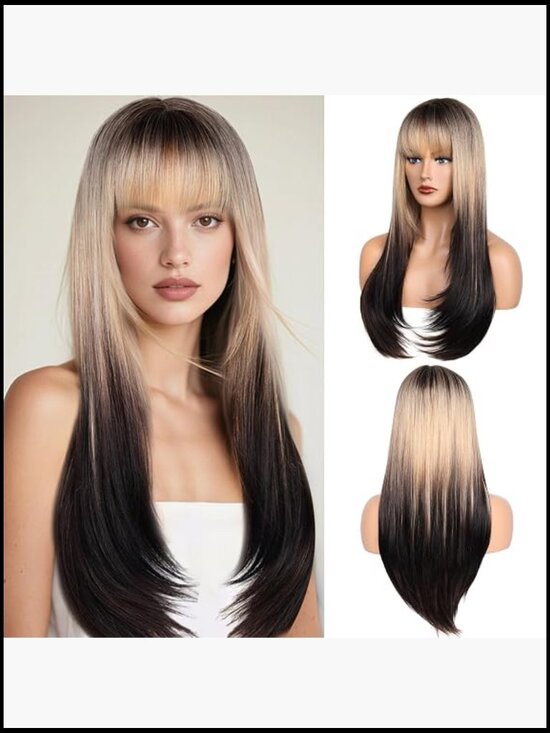 26 Inch Long Straight Wig with Bangs Heat Resistant Synthetic Hair for Party main image 5